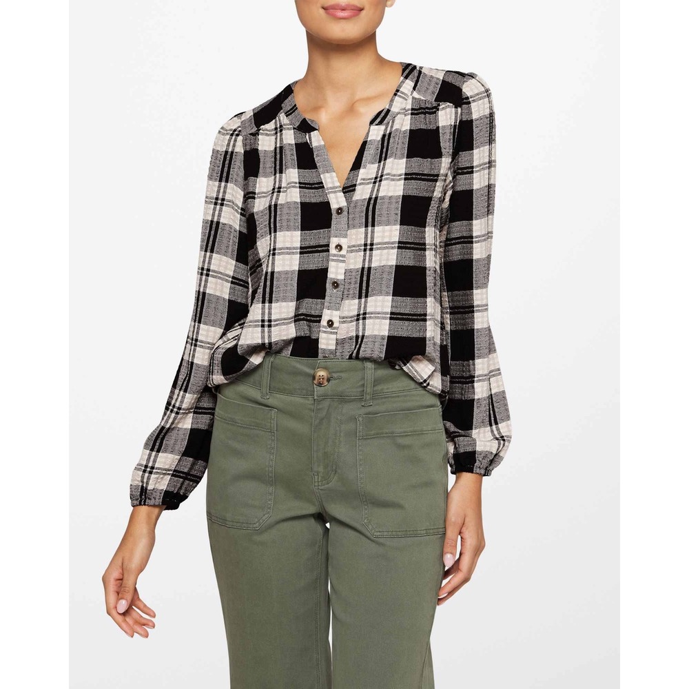 MASON & BELLE Aila Plaid Split Neck Top Long Sleeve Size Large New With Tags